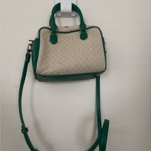 Beige and Green Structured Crossbody Tote